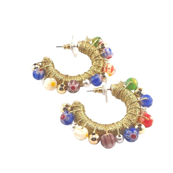Handcrafted Gold-Tone Beaded Hoop Earrings Colorful Murano Glass Beads & Pearls - Picture 3 of 8